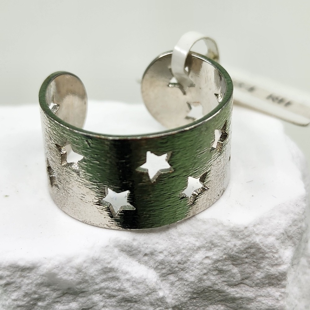 Silver Tone Star Cutout Wide Cuff Ring Adjustable Celestial Statement Modernist